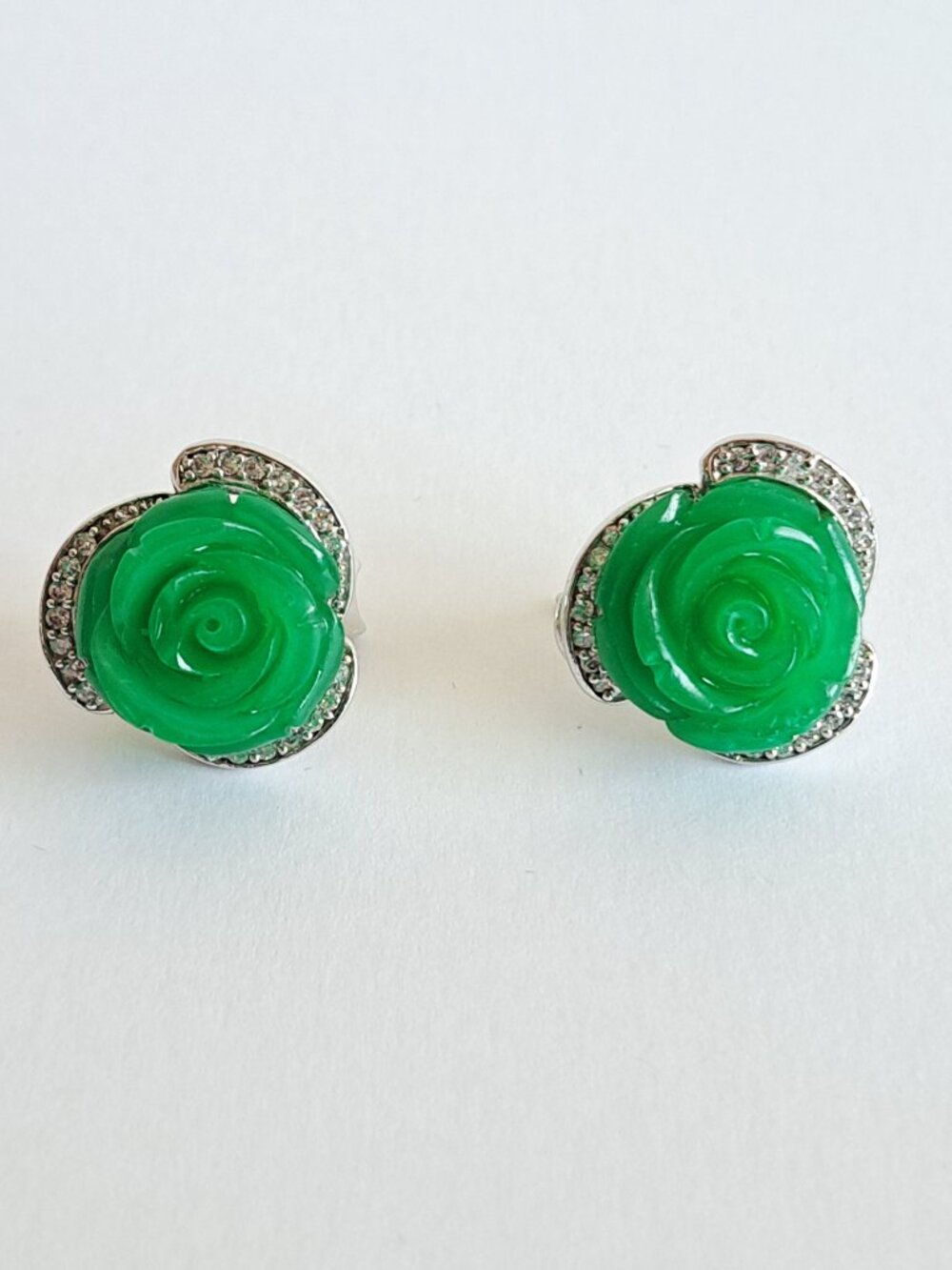 NEW Silver Green Rose Flower Earrings with Cubic Zirconia accents